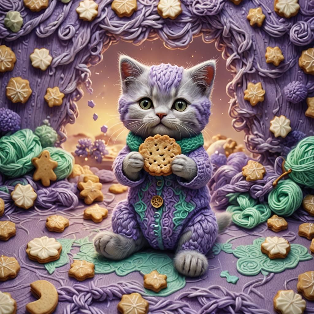 Knitted Kitten Holding Cookie: Fantasy Matte Painting