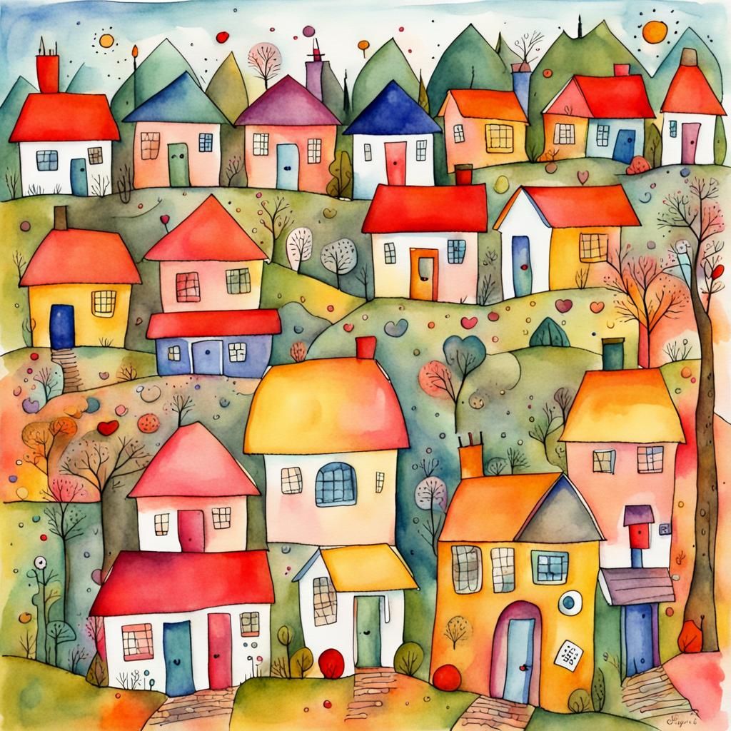 Whimsical Village in Watercolor Art Brut Style