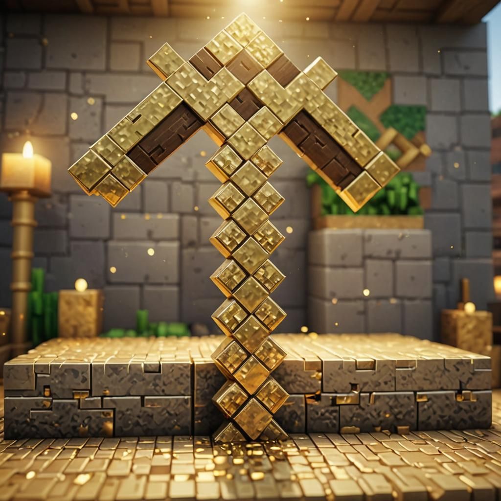Golden Pickaxe on Altar in Realistic Minecraft Graphics