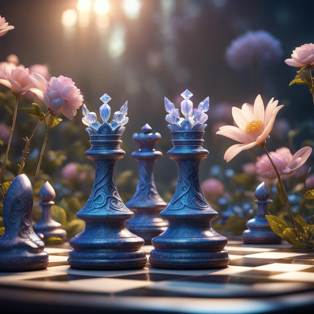 Opal and Sapphire Chess Pieces in a Magical Setting