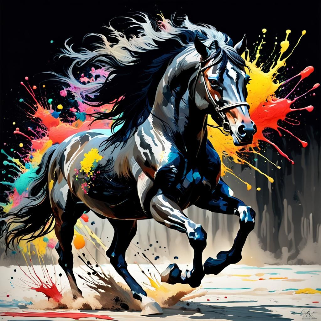 Galloping Stallion in Splashed Paint, Abstract Expressionism