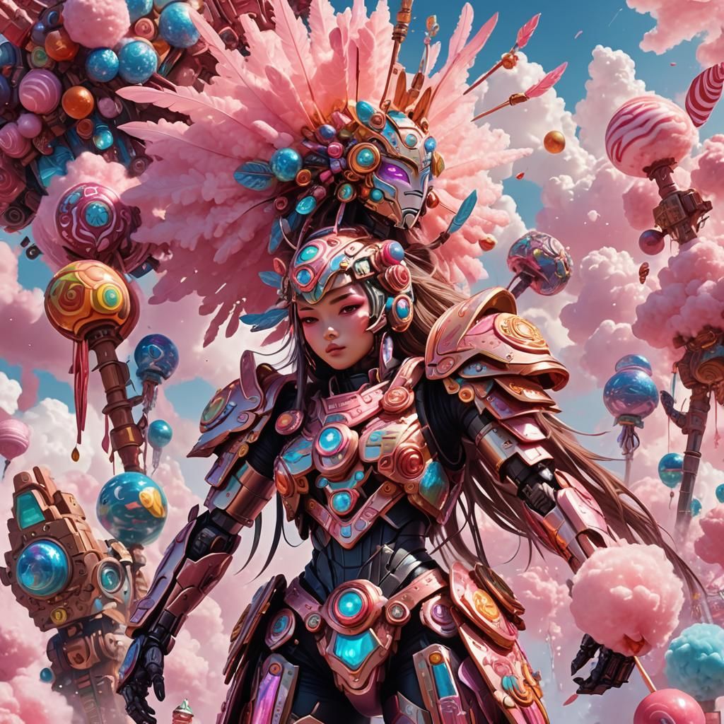 Candy-Coated Mecha Girl in Aztec Exoskeleton