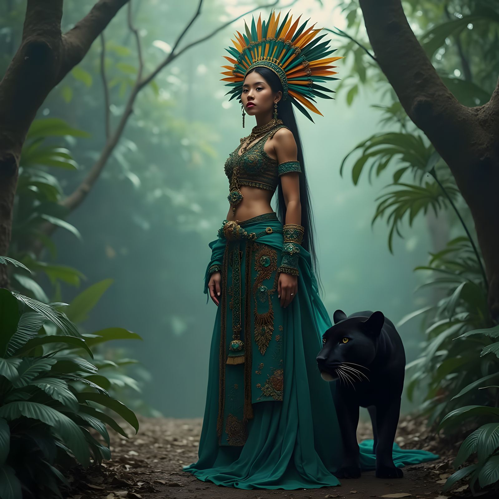 Majestic Toltec Goddess Amidst Amazonian Splendor in Vibrant...