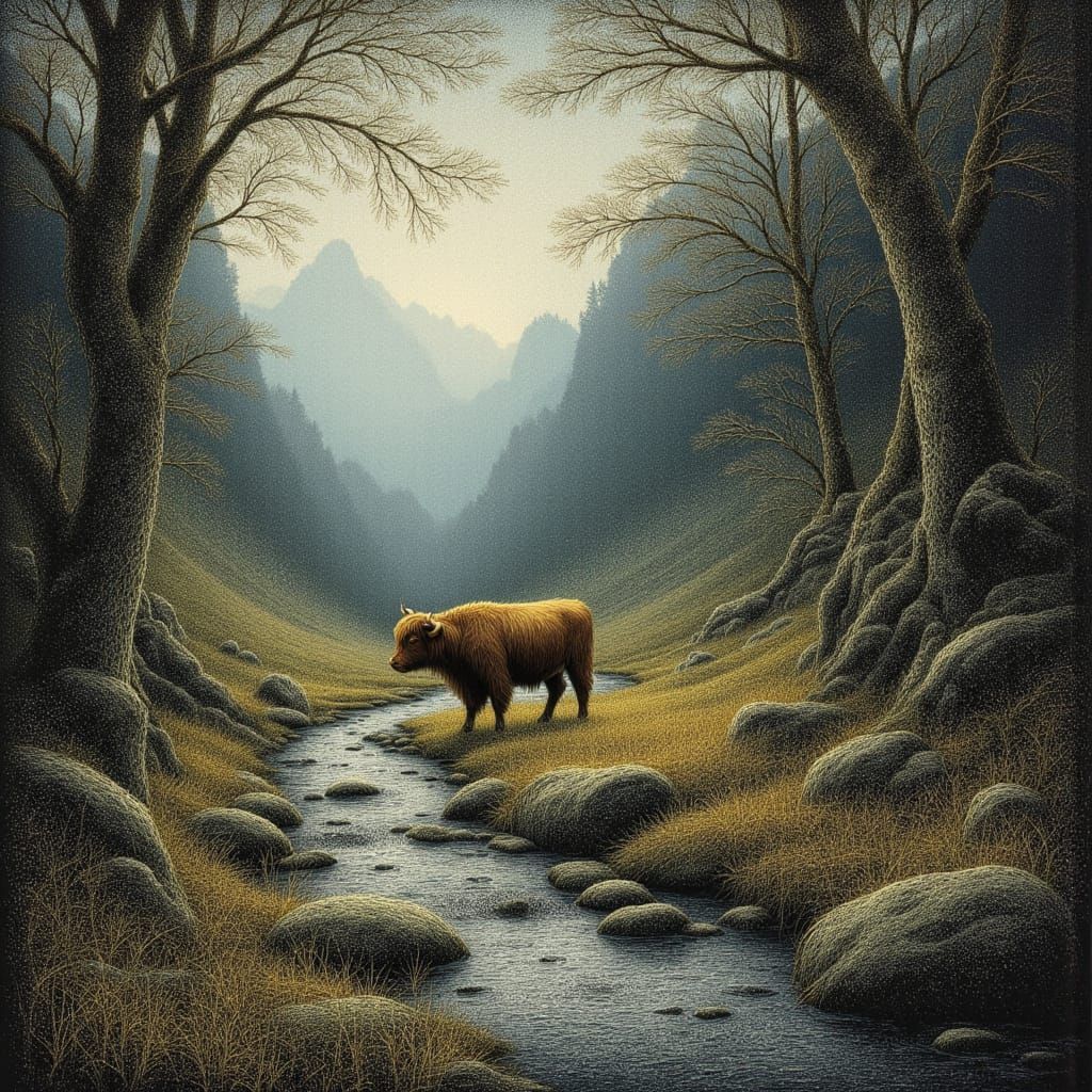 Starlit Highland Bull in Dreamlike Valley