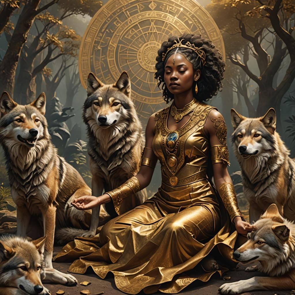 Woman Meditating with Wolves: Fantasy Concept Art