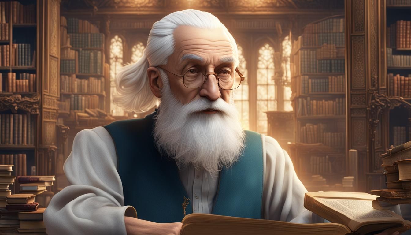 Wise Old Man Reading in Library, Detailed Matte Painting