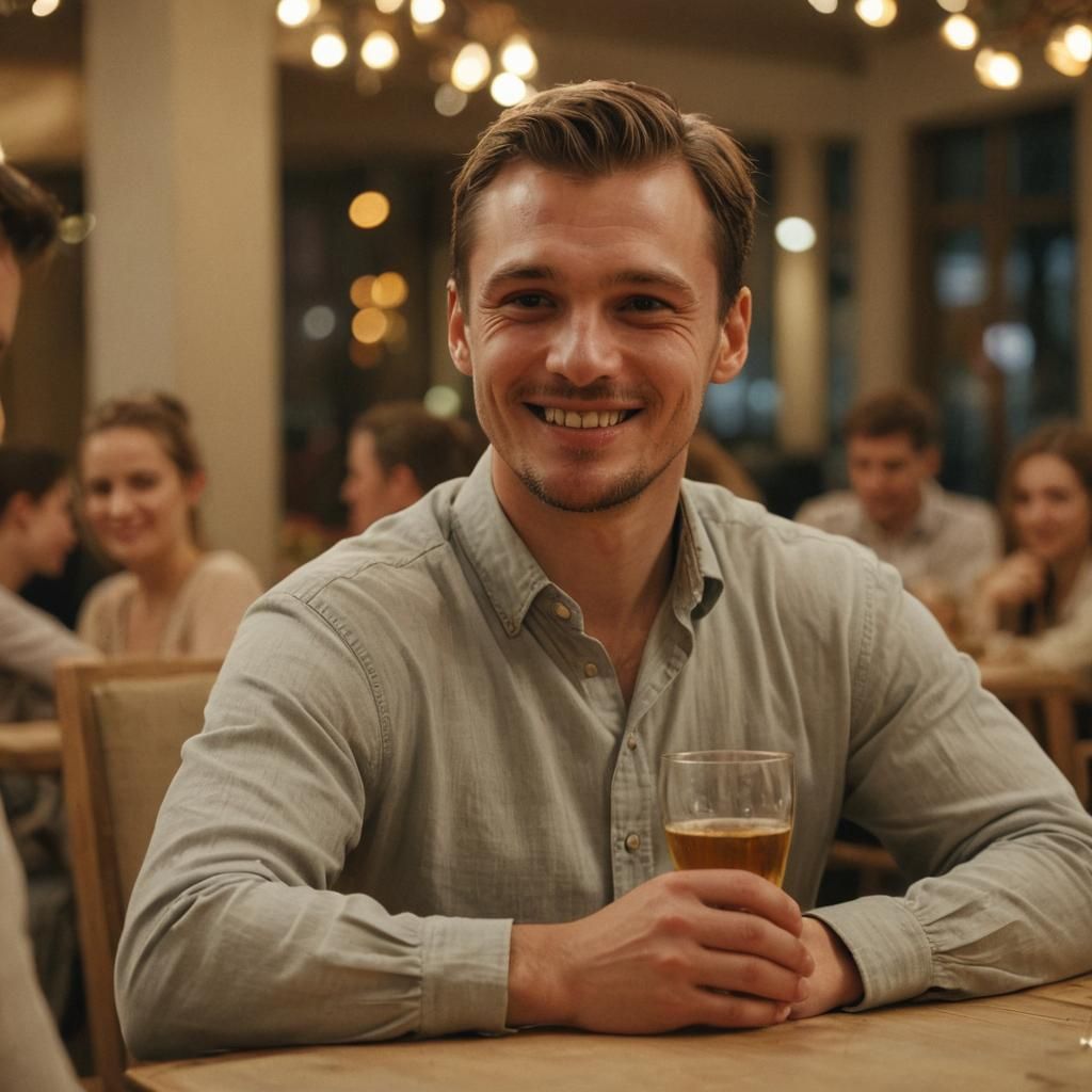 Smiling Slavic Man in Dim Restaurant, Cinematic Still
