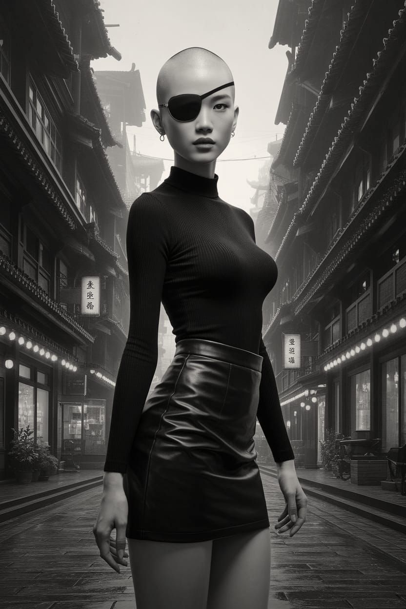 Bald Asian Woman with Eyepatch in Chinese Town