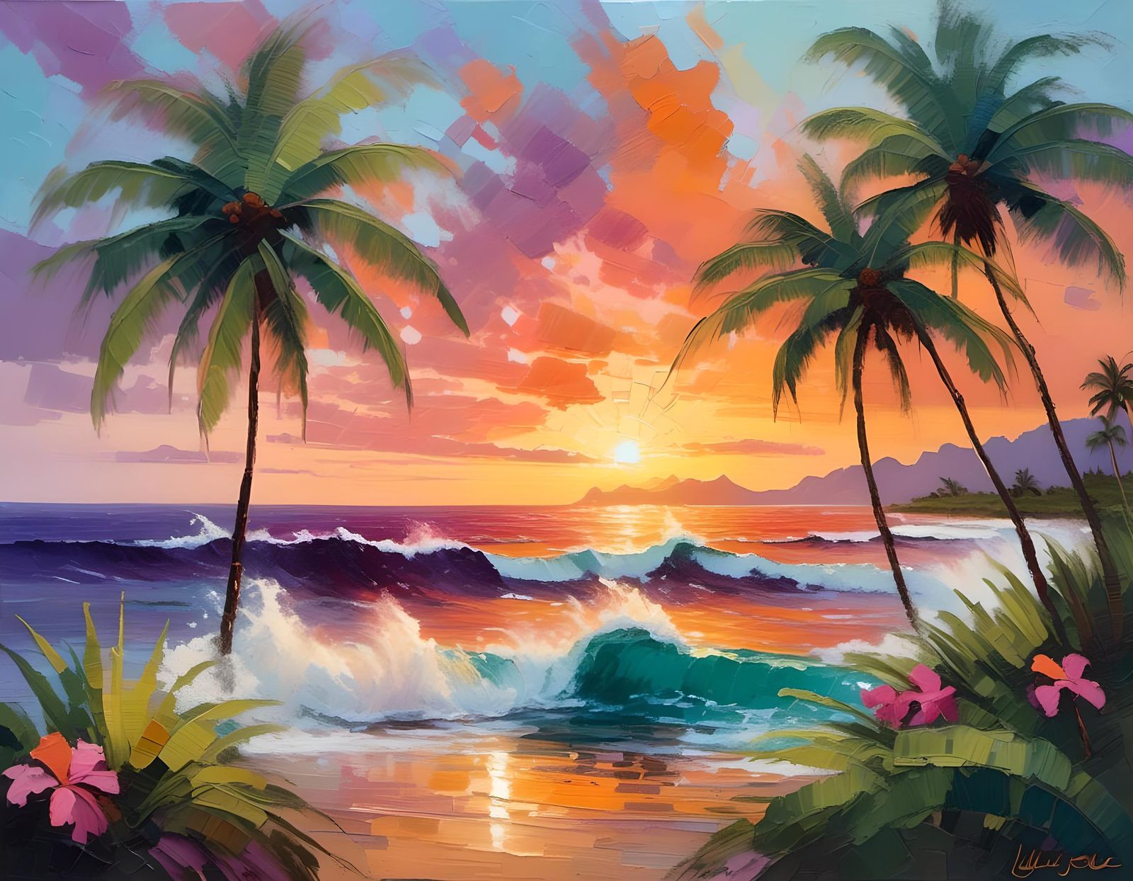 Tropical Sunrise Impasto Oil Painting