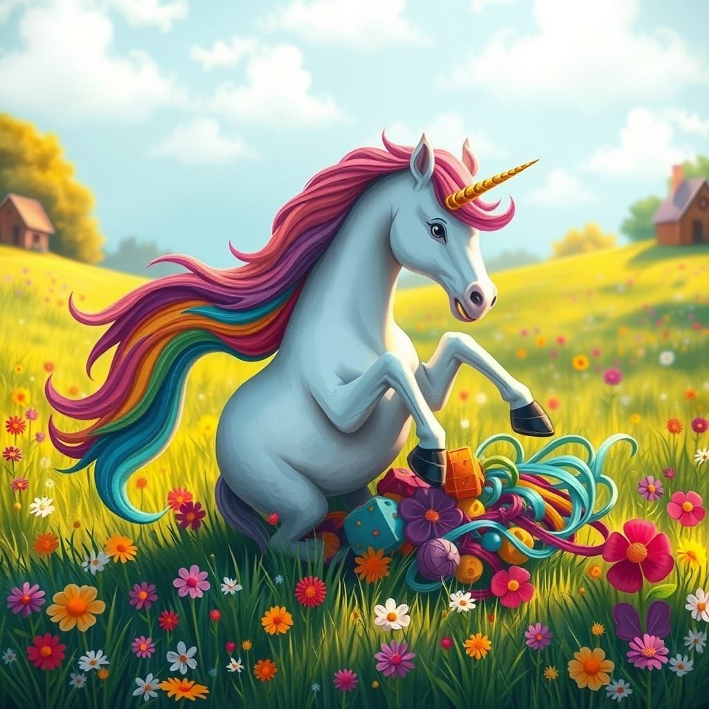 Whimsical Unicorn Trips Over Rainbow Mane in Folk Art Style