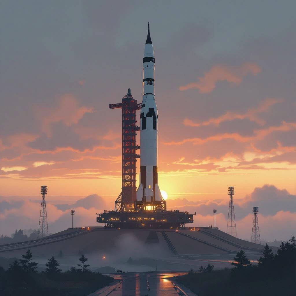 Saturn V Rocket Launch at Dawn in Retro-Futuristic Style