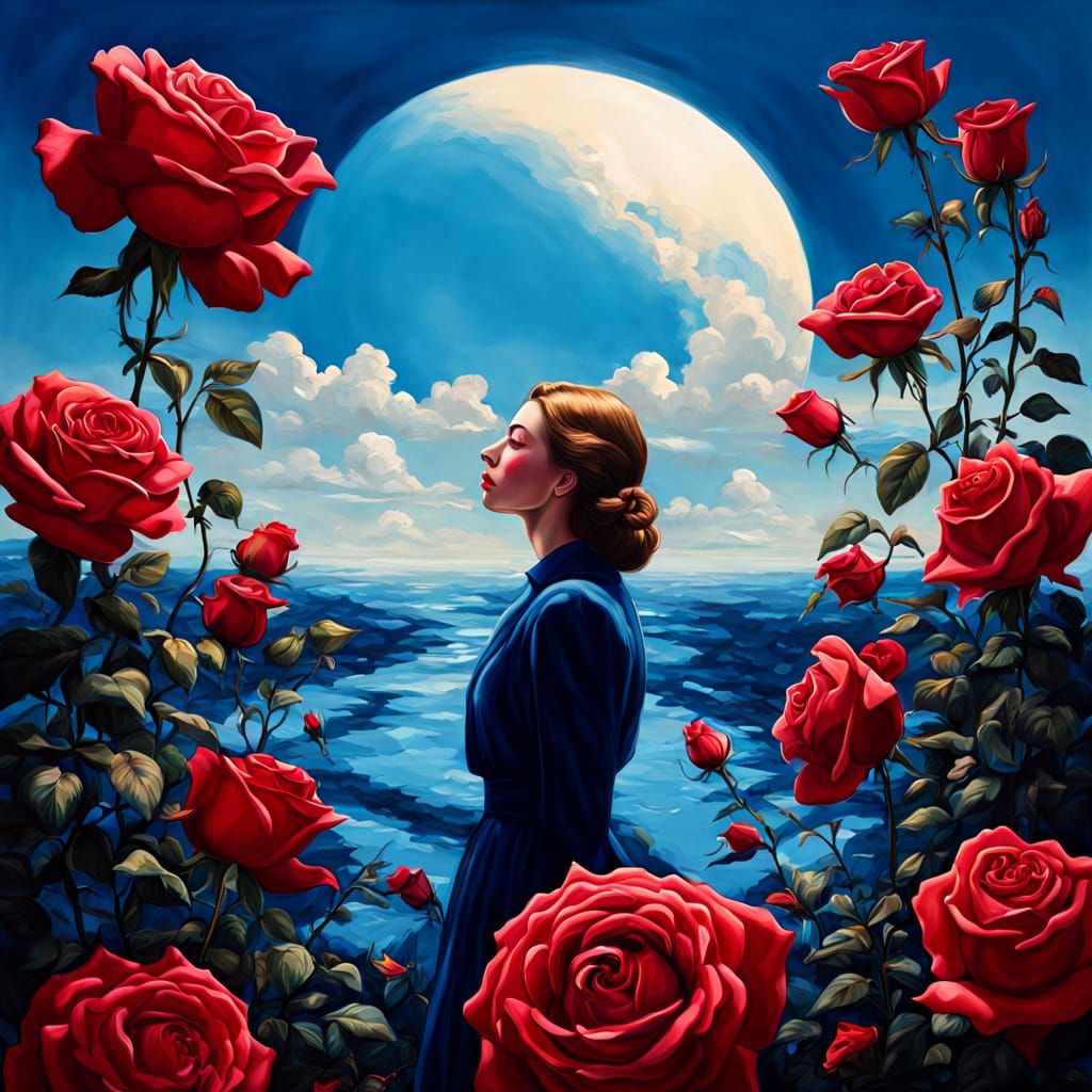 Surreal Lips Melting Into Rose River Under Blue Sun