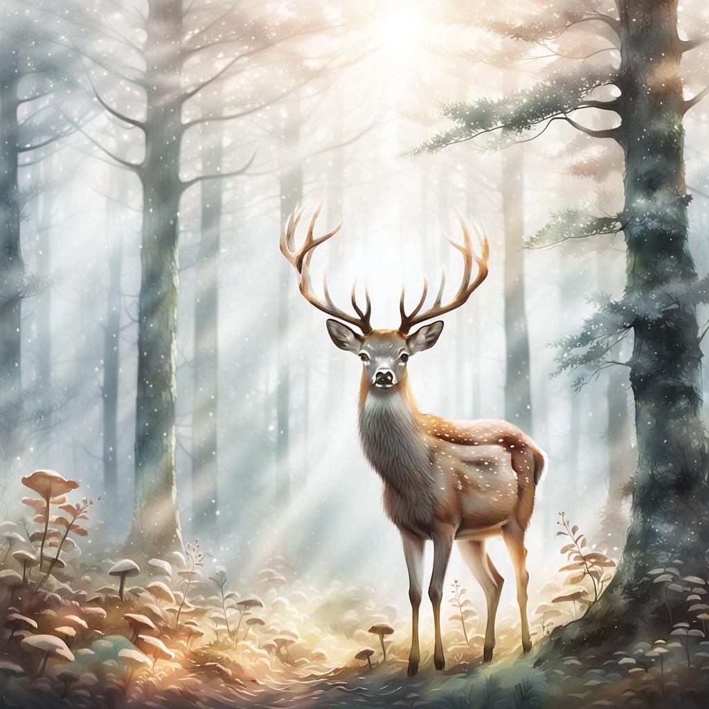 Deer Shedding Antlers in Dreamy Watercolor Forest
