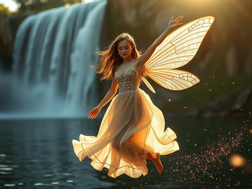 Urban Fairy Over Lake with Waterfall