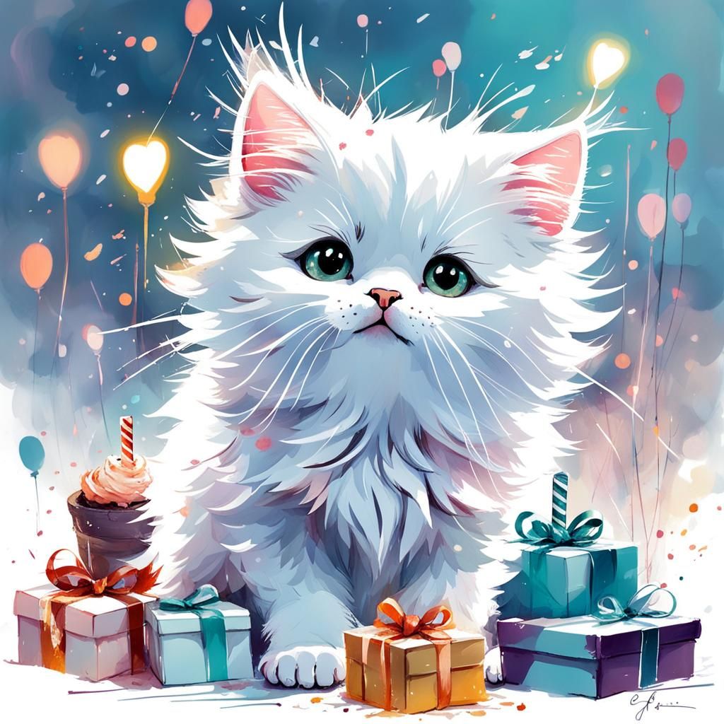 Fluffy Kitten Celebrates Birthday in Watercolor Splash Art