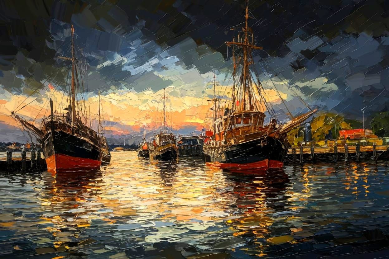 Impasto Painting of Harbour Scene in Overcast Afternoon