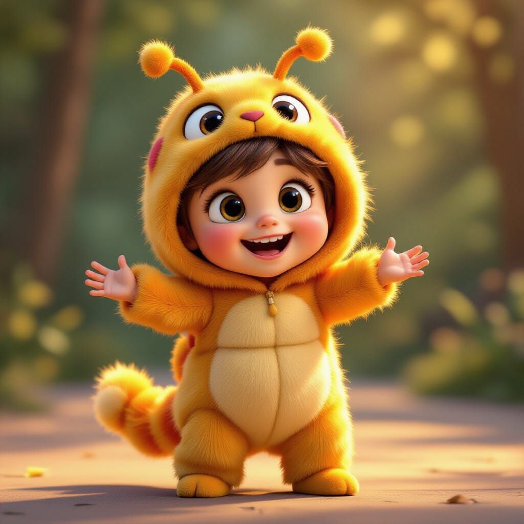 Joyful Kid Dancing in Caterpillar Costume