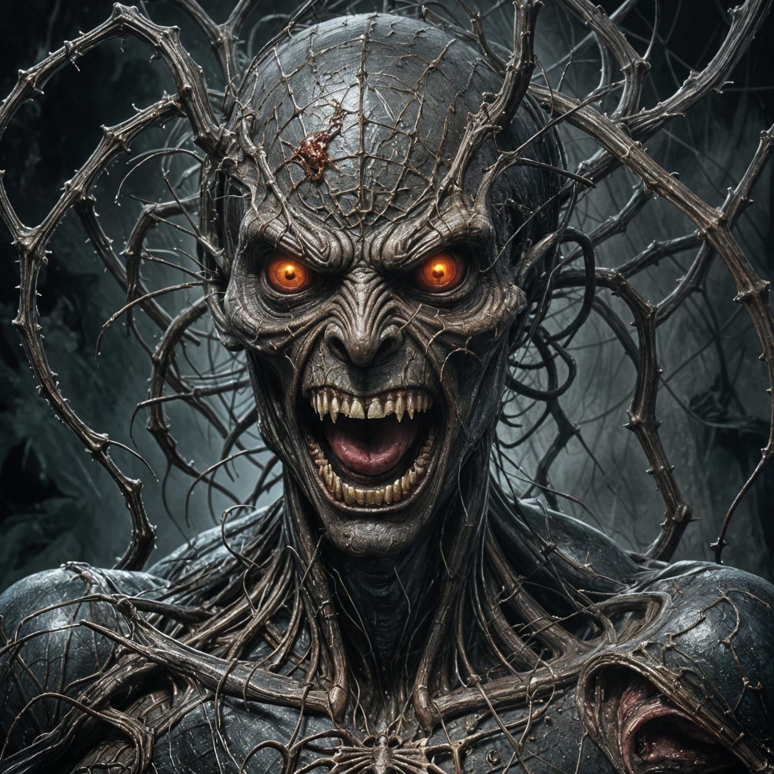 Horrific Man-Spider Hybrid Screaming in Dark Horror Style