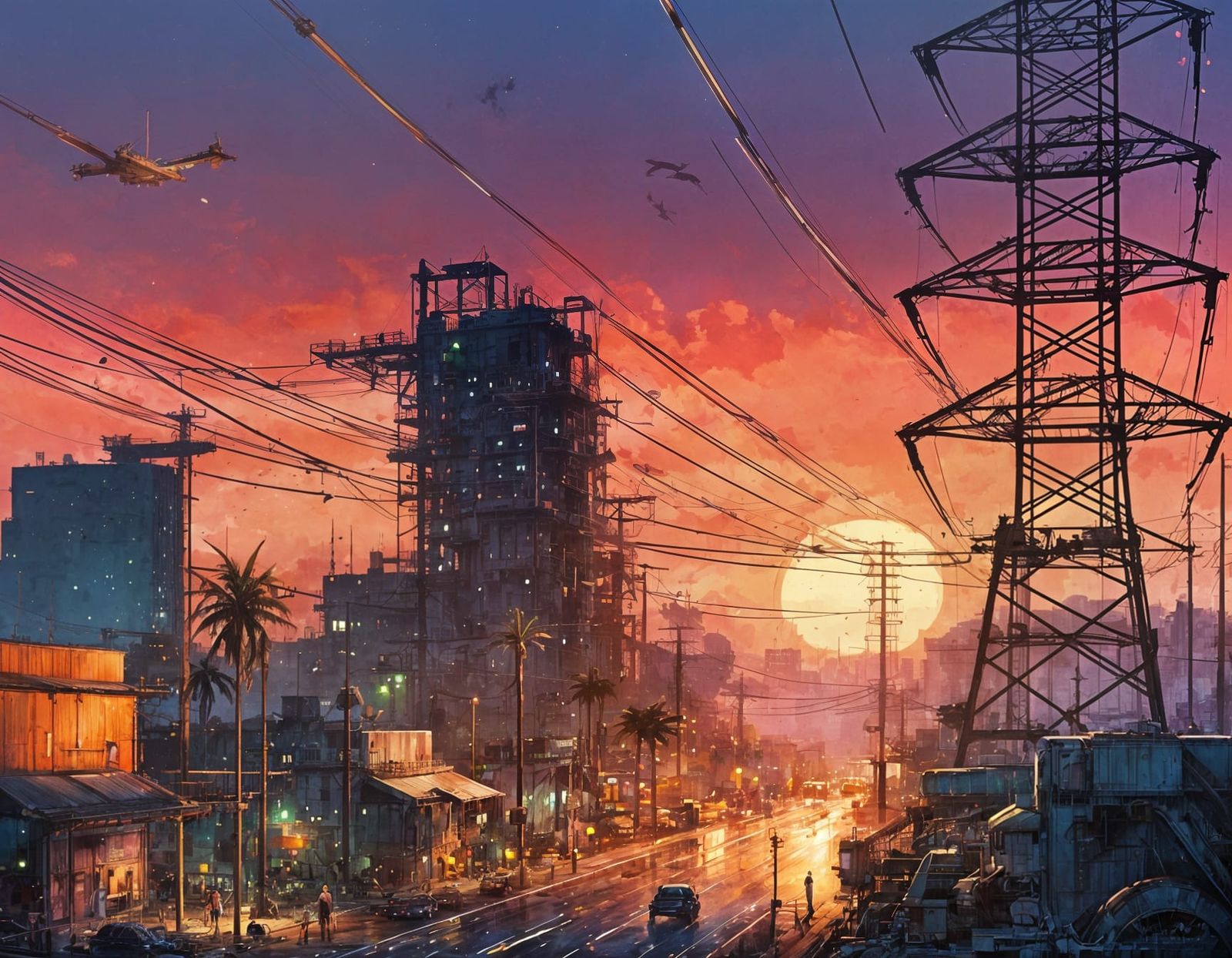 Tropical Solarpunk Steelworks in Liquid Watercolor Style