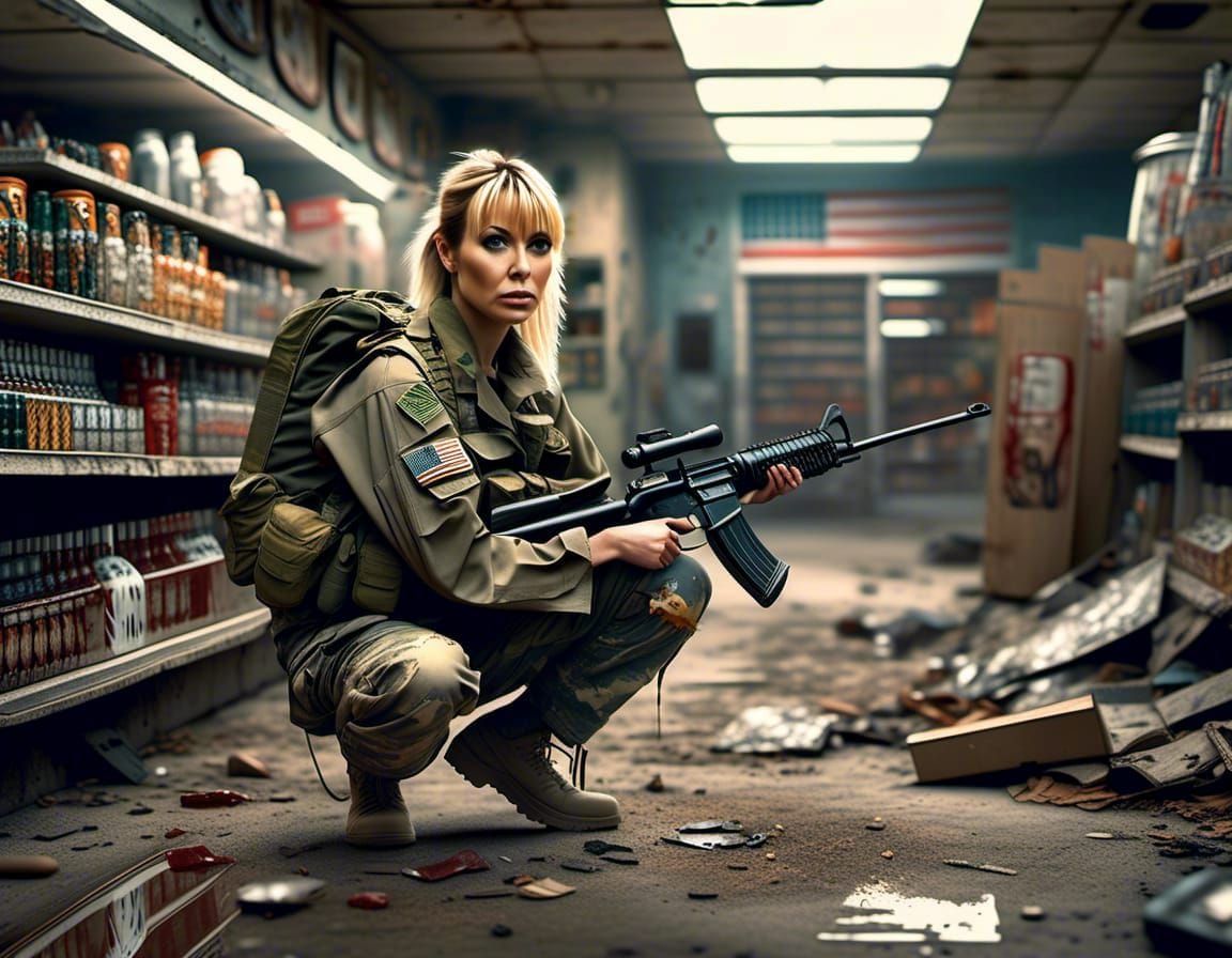 Post-Apocalyptic Soldier Scavenges in Ruins