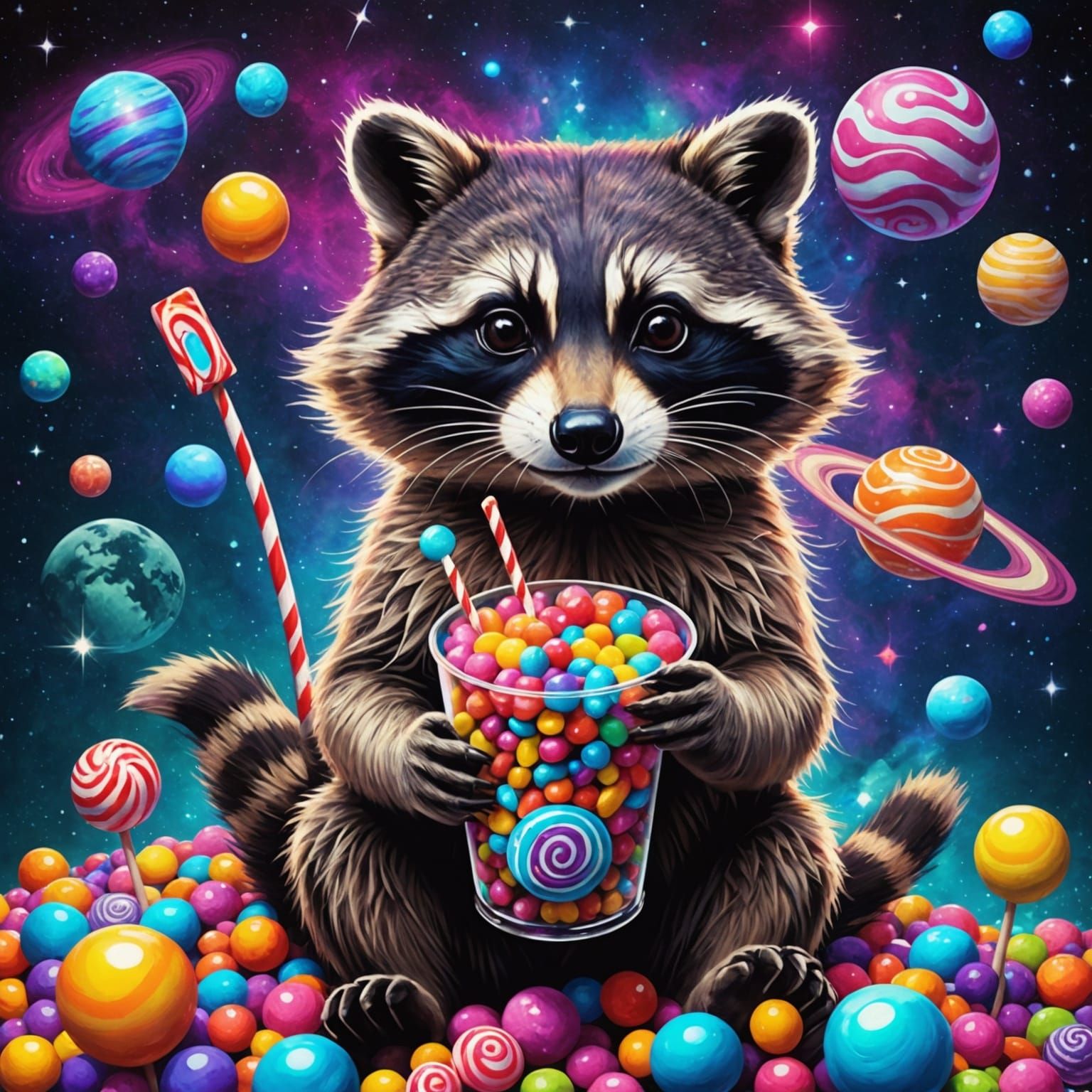 Raccoons with Candy in Space, Astral Illustration