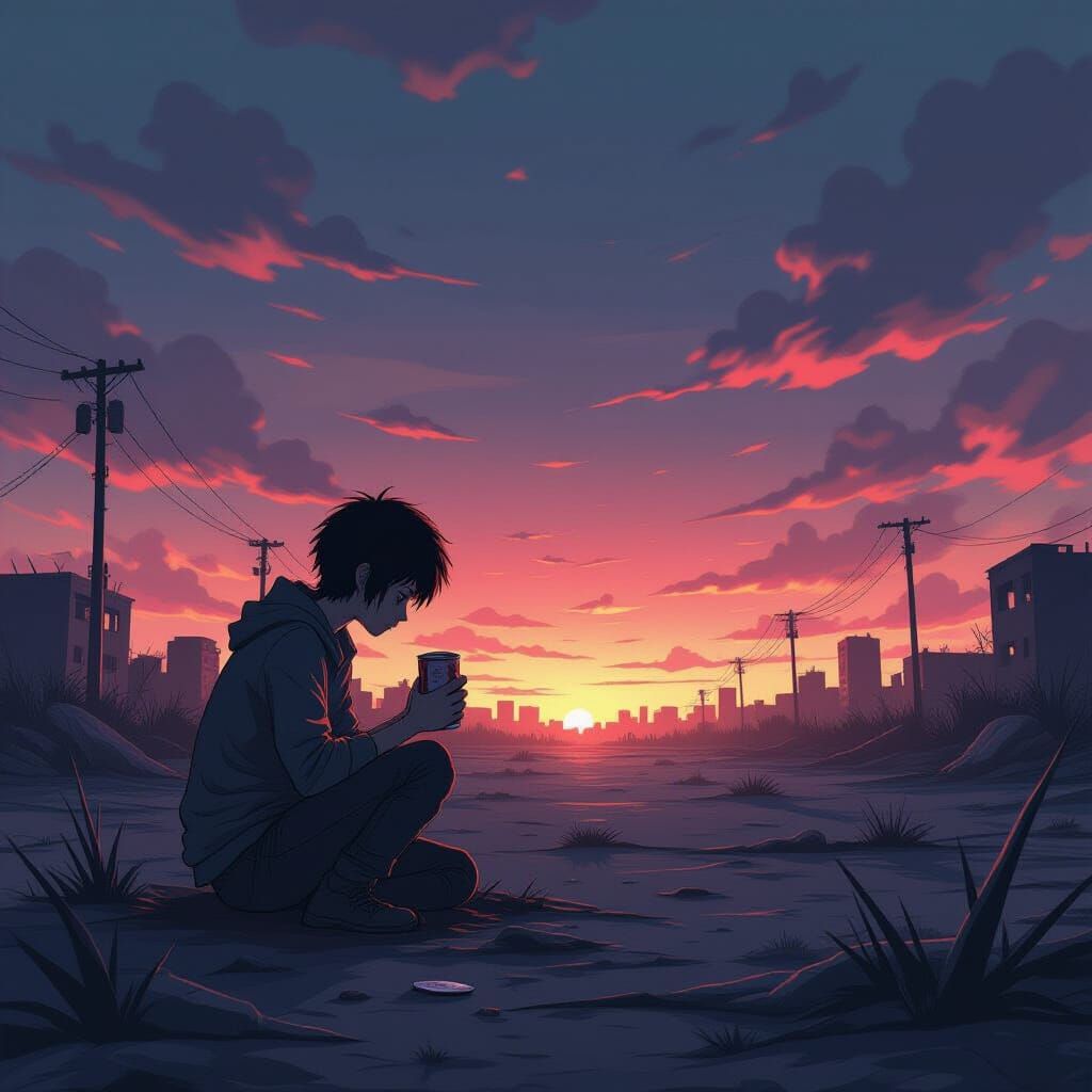 Lone Survivor in Ash Wasteland Under Twilight Sky