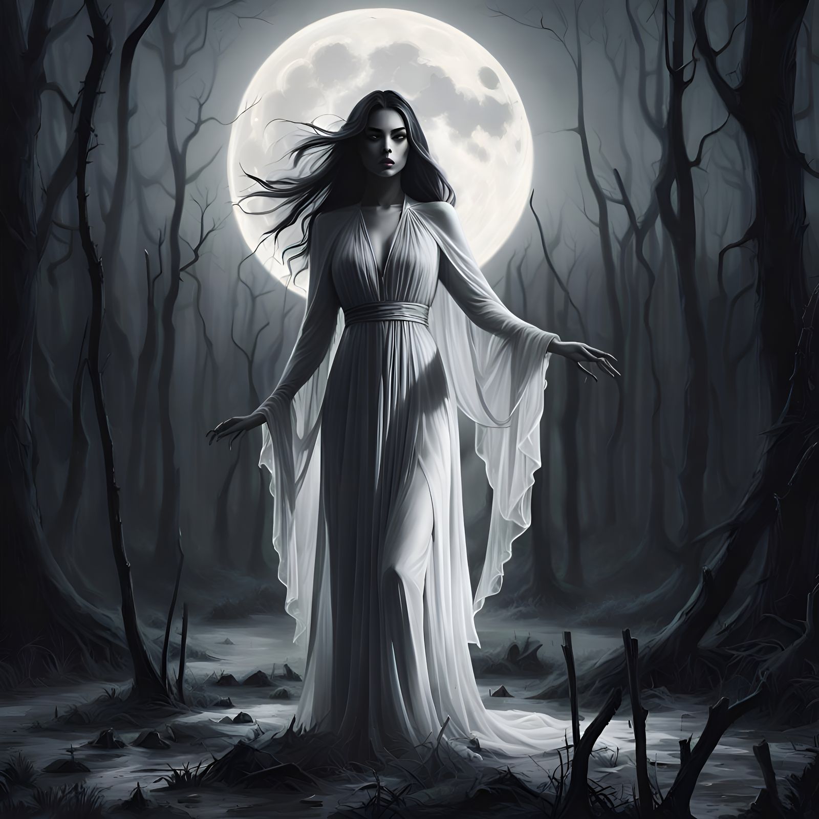 Eerie Ghostly Vision in Moonlit Swamp