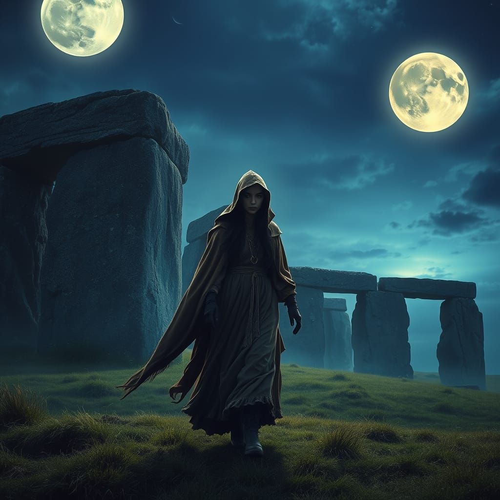 Mystical Druid at Stonehenge Under Moonlight