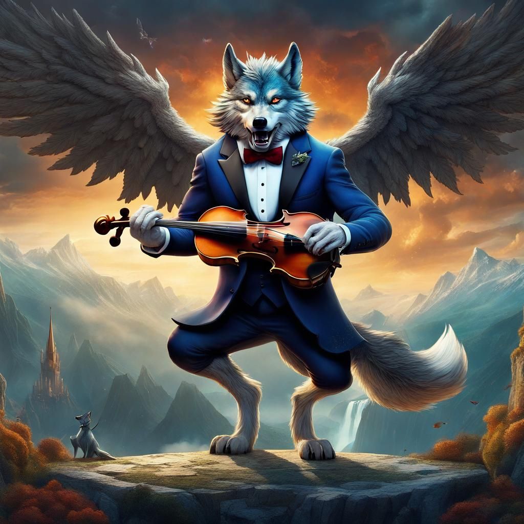 Winged Wolf King Fiddling, Detailed Digital Art