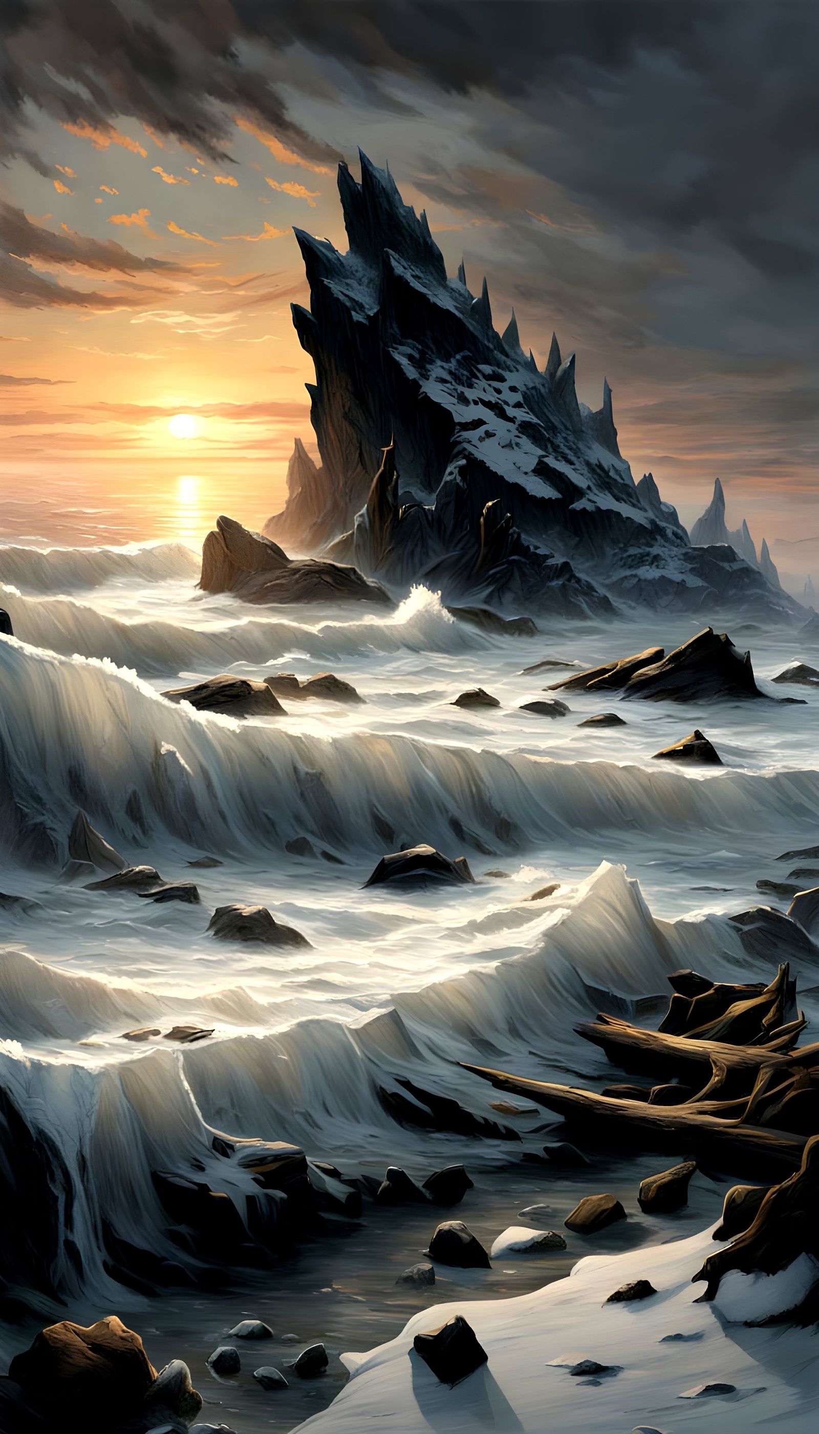 Icy Winter Beach at Sunset in 64K