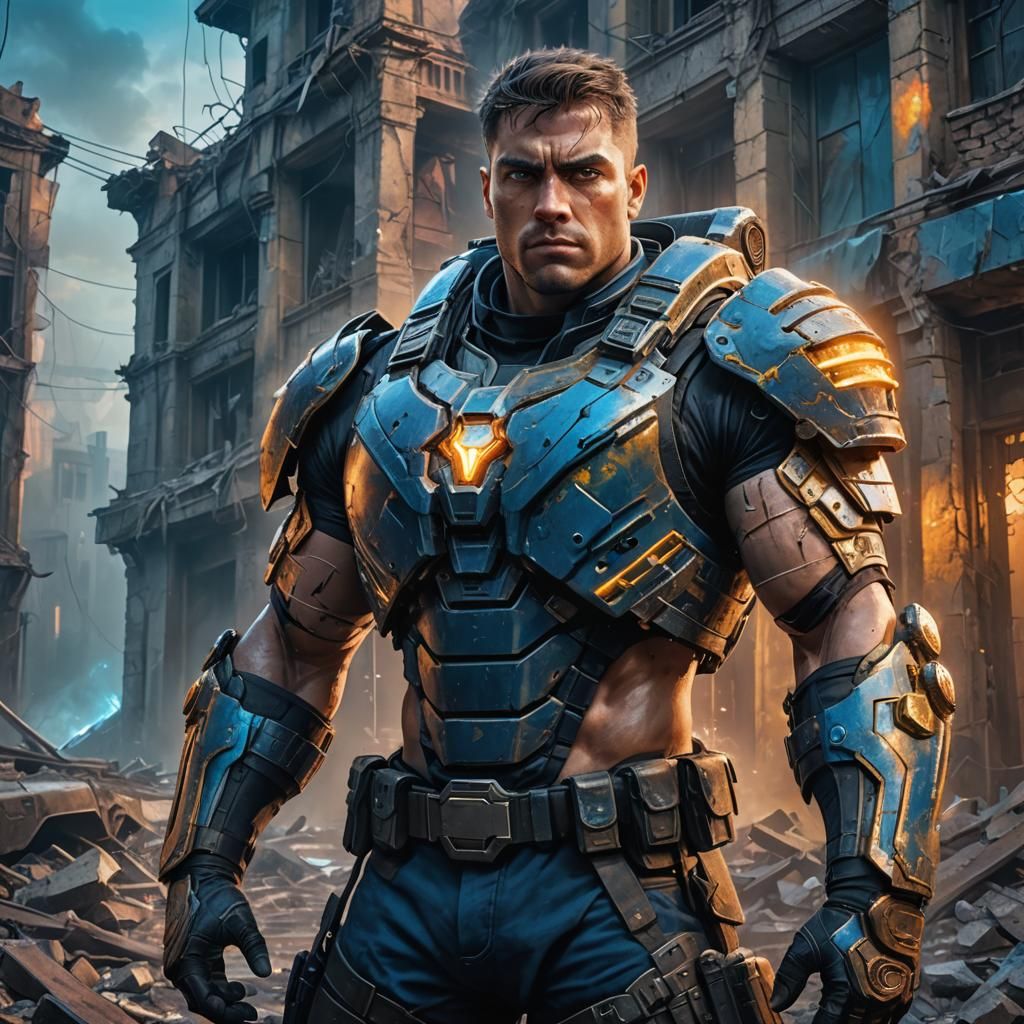 Hypermuscular Cop in Mystical City, Digital Art