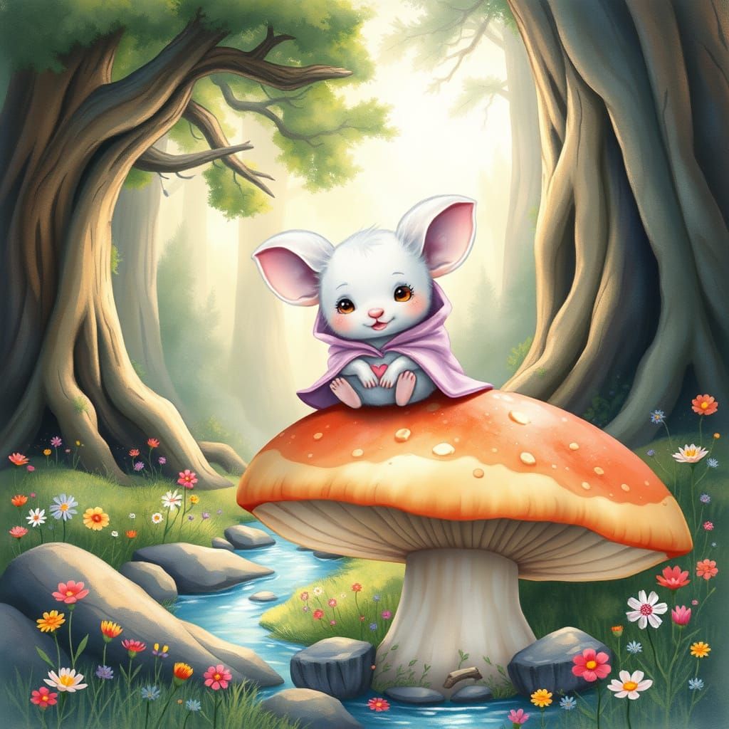 Whimsical Forest Creature on Mushroom, Storybook Illustratio...