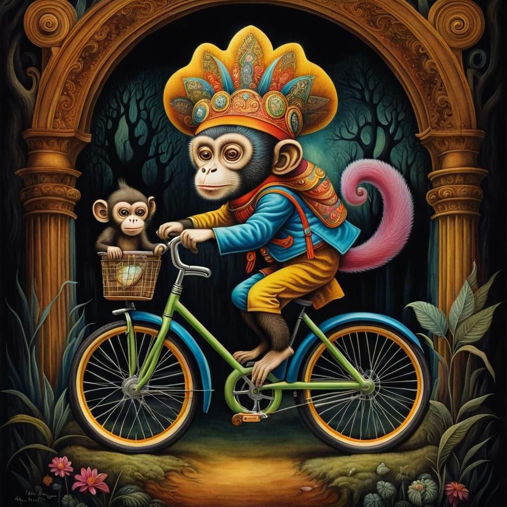 Whimsical Monkey Rides Bike in Surreal Fantasy