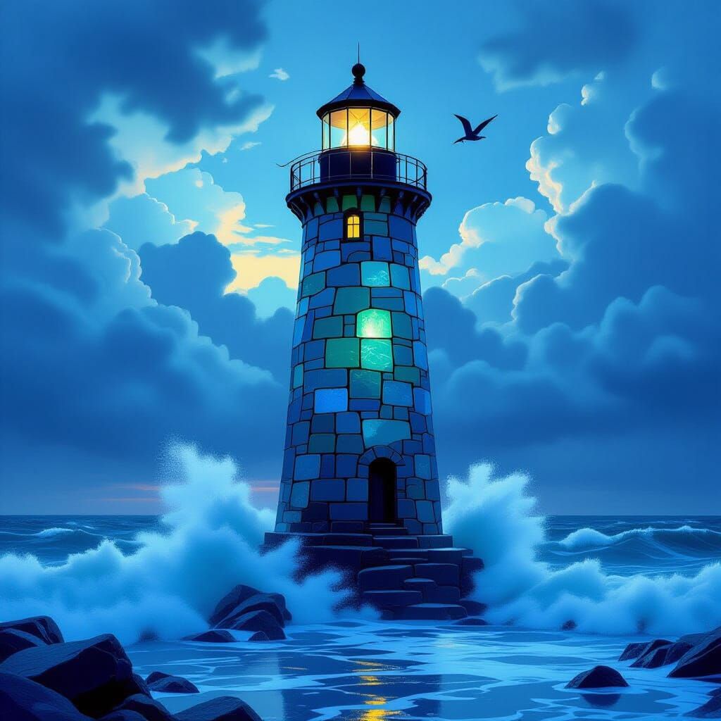 Sea Glass Lighthouse Against Stormy Twilight Sky