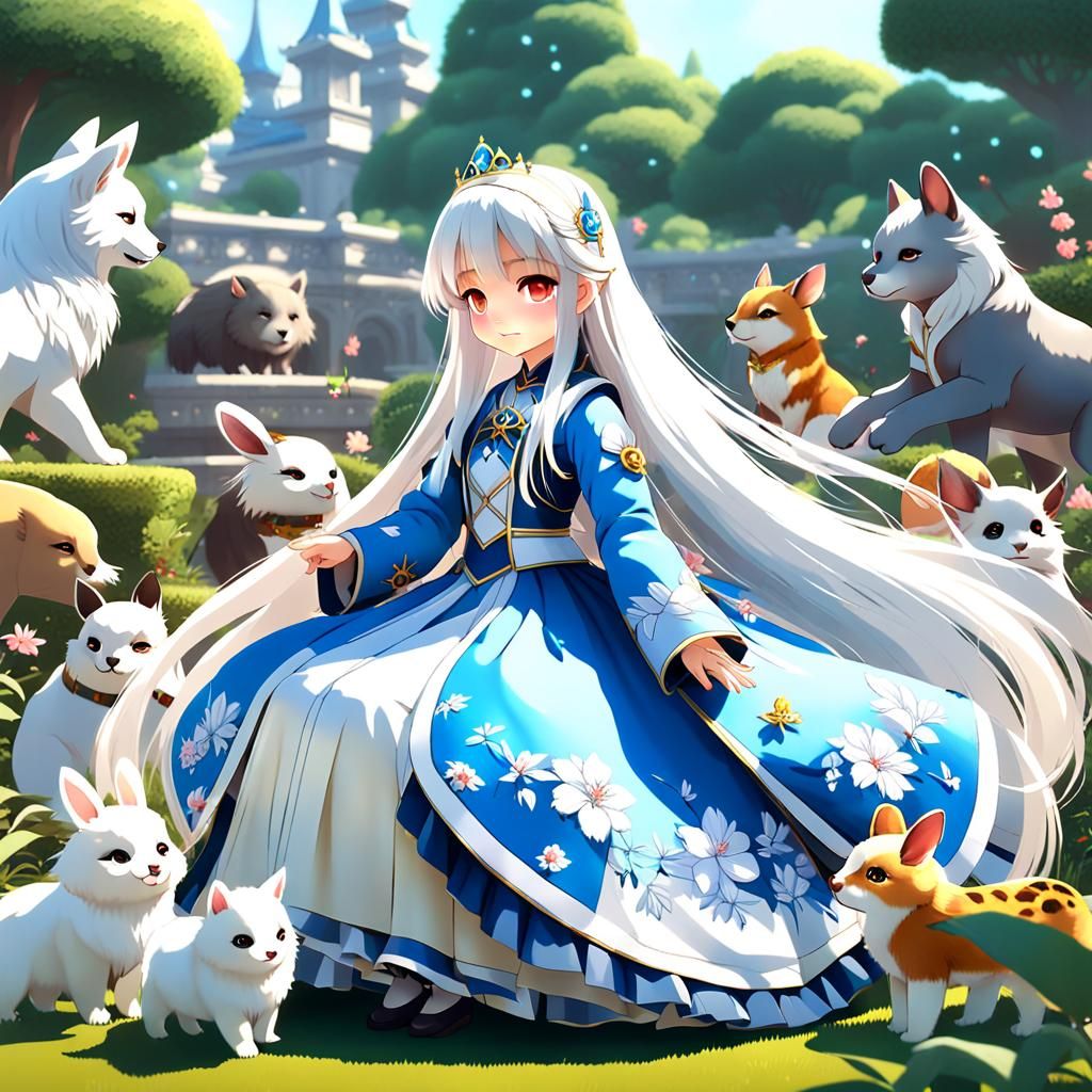 Anime Princess Plays With Animals in Garden