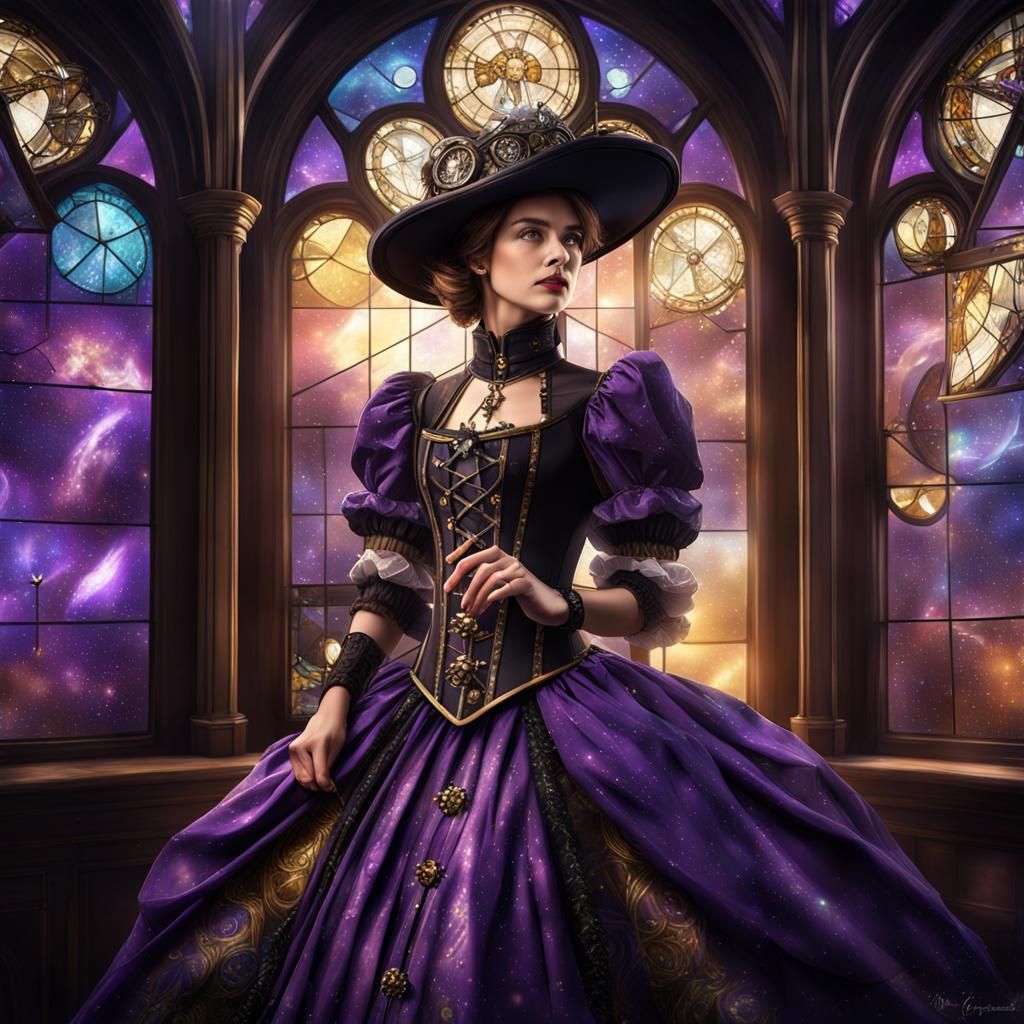 Steampunk Woman in Front of Galaxy Window