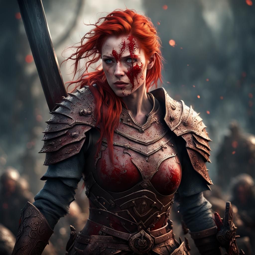 Redhead Warrior Princess Crying: Detailed Matte Painting