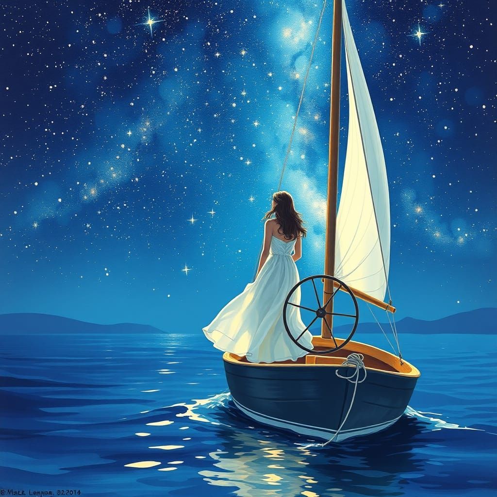 Woman Sailing Under Starry Night Sky