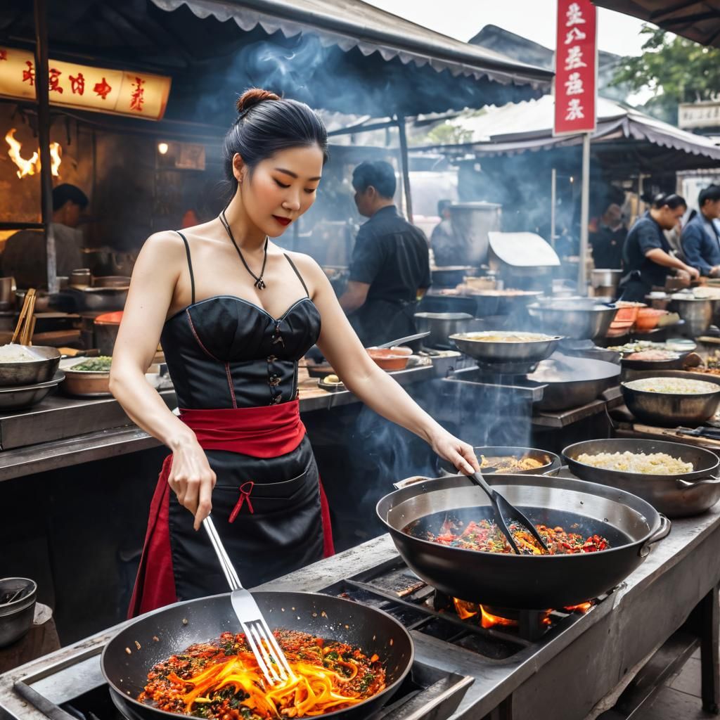 Woman Cooking at a Street Food Stall