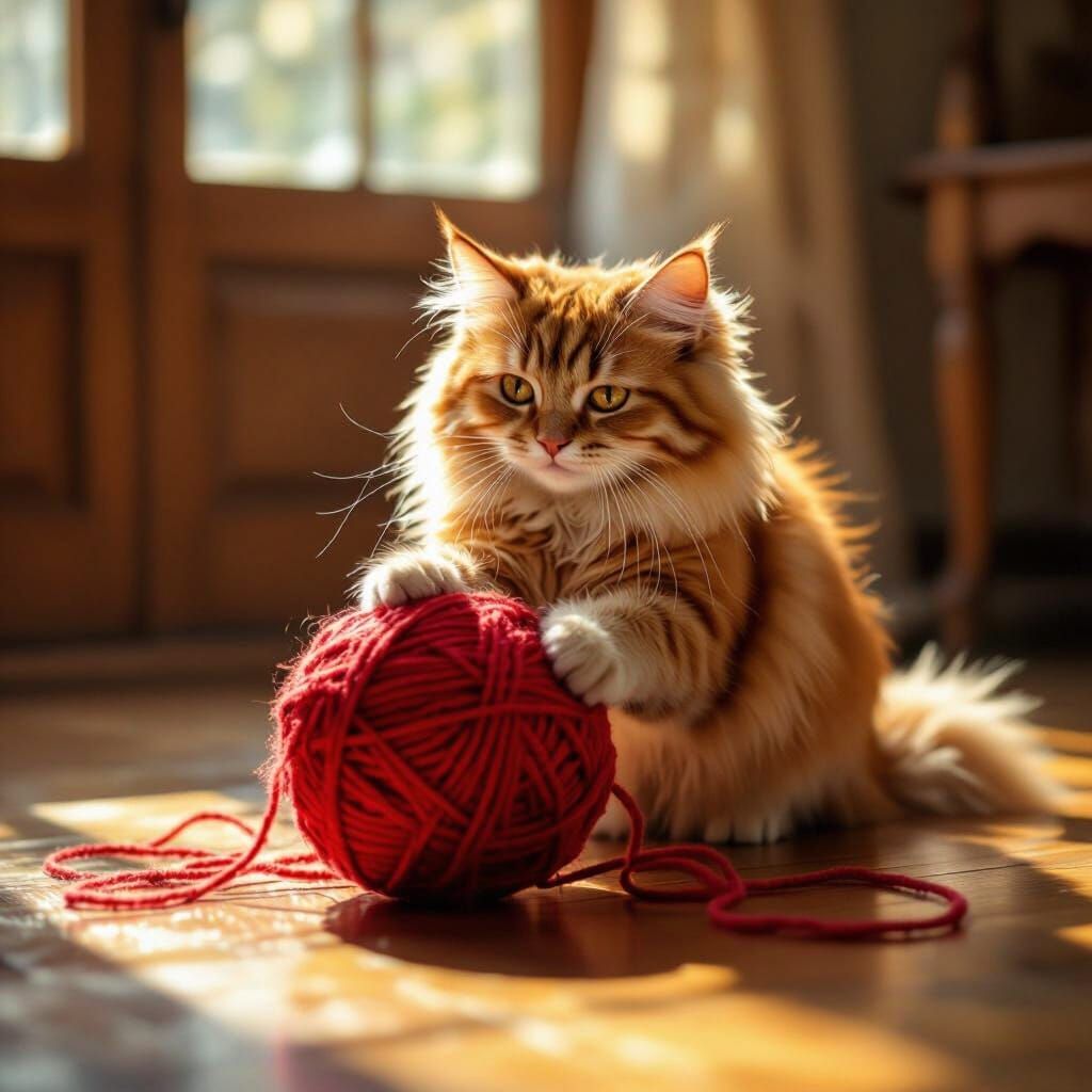 Fluffy Ginger Cat Plays with Red Yarn Ball
