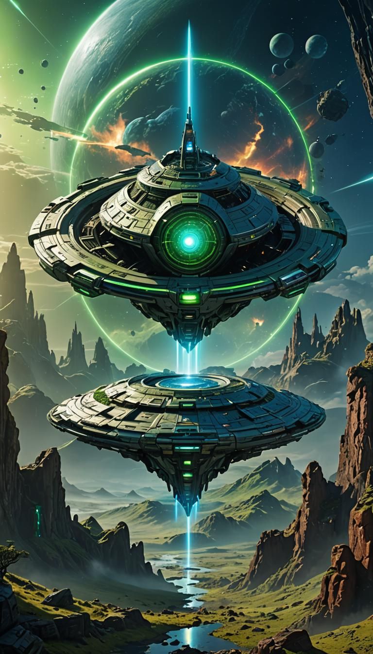 Alien Planet Starship with Blue Light and Lasers