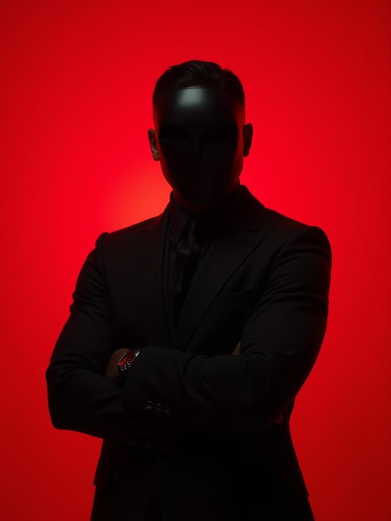 Heroic Figure in Red Haze, Wearing Elegant Black Attire, Mod...