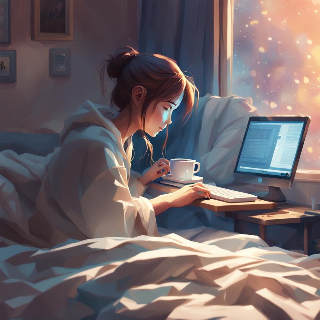 Anime Girl Working in Bed with Computer