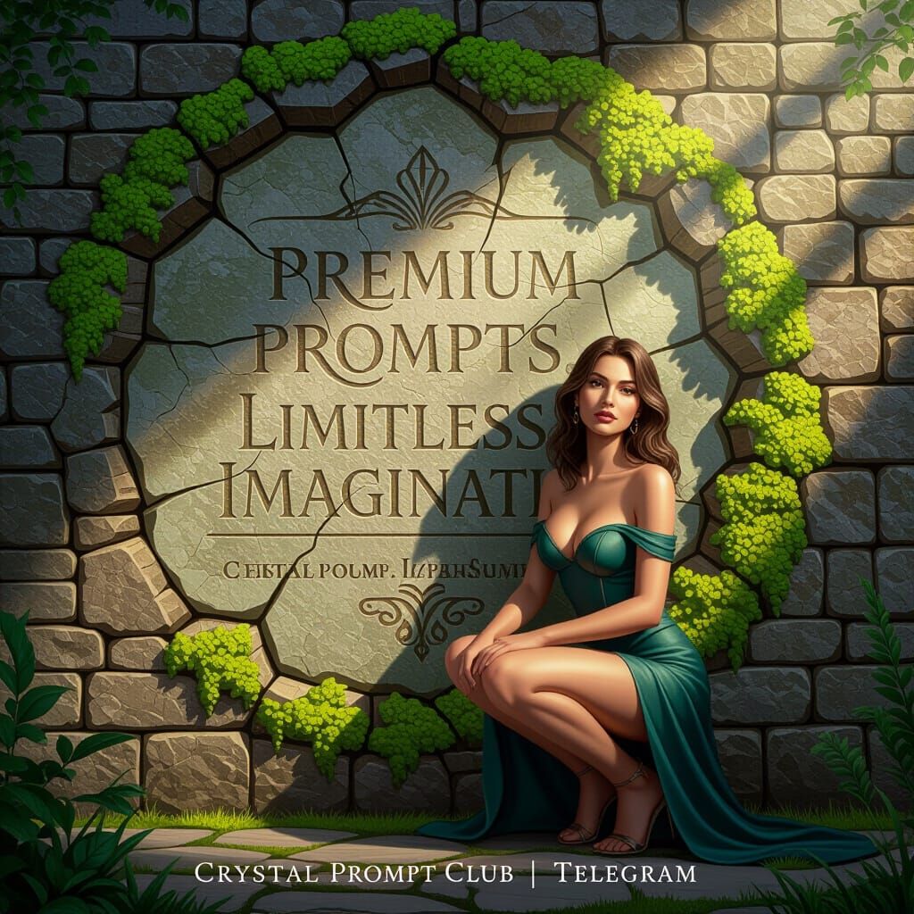Woman Posing Before Mossy Stone Wall