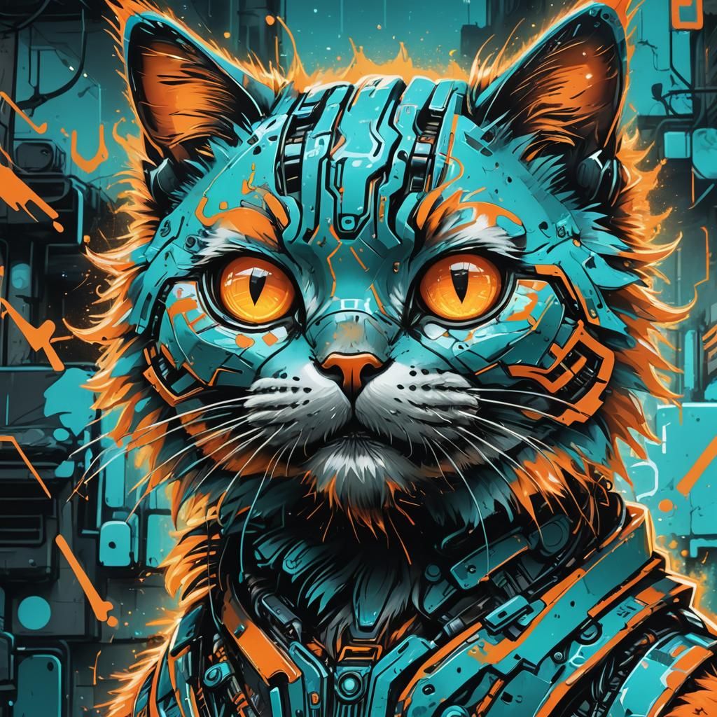 Robotic Dancing Cat Graffiti Portrait in Bold Colors