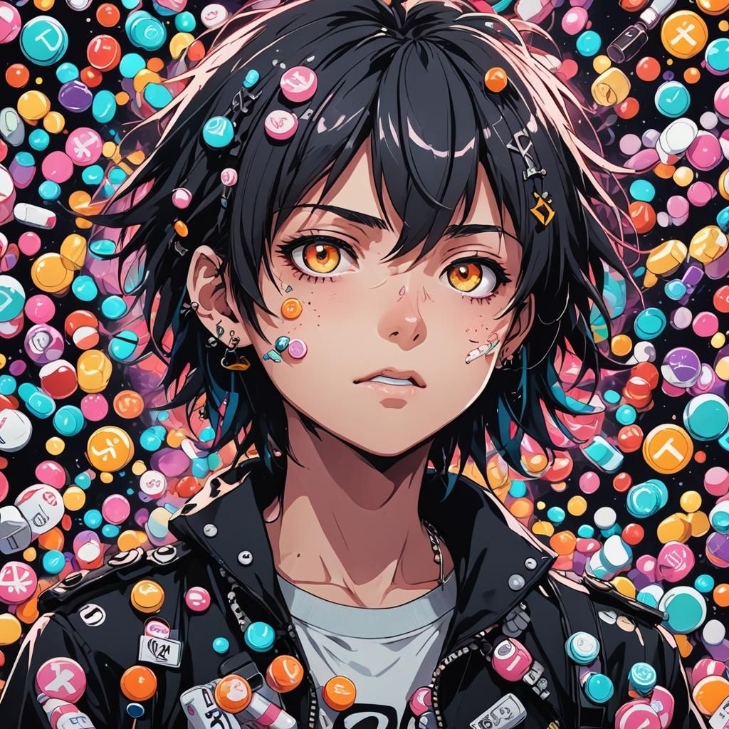 Anime Punk Kid Surrounded by Pills