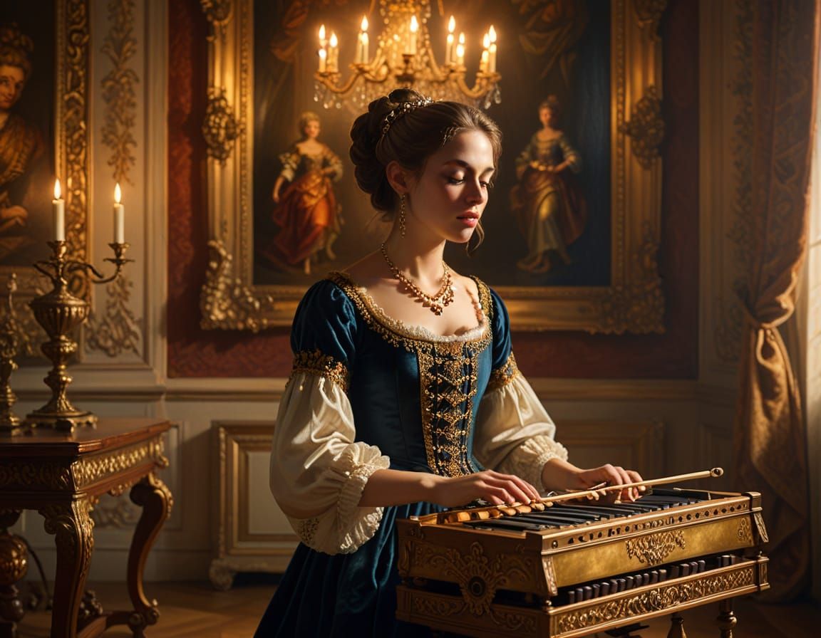 Baroque Woman Plays Xylophone in Lavish Room