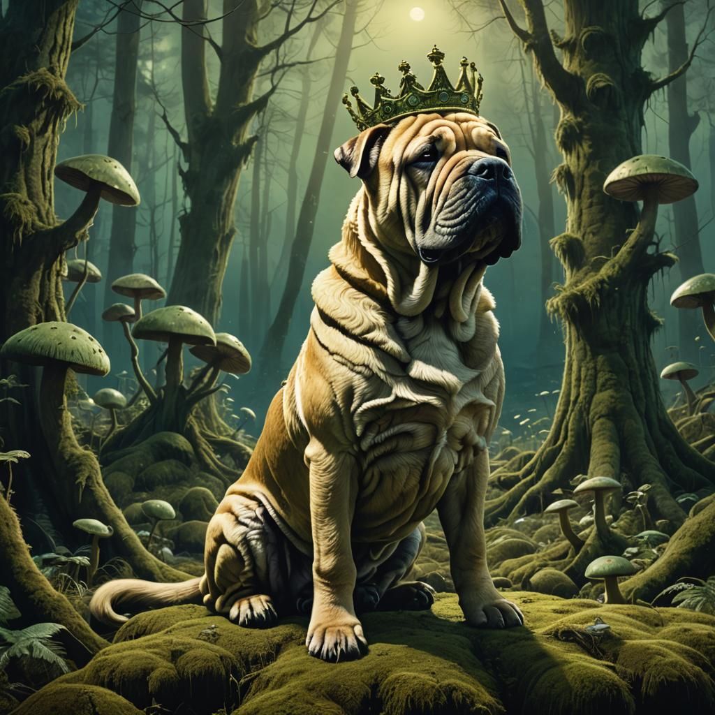 Shar Pei King on Mossy Forest Throne