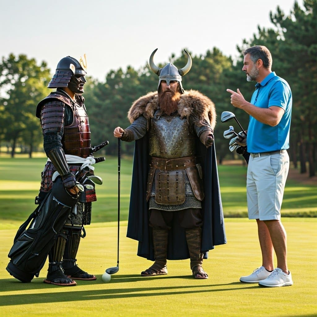 Samurai, Viking, and Doctor Debate on Golf Course