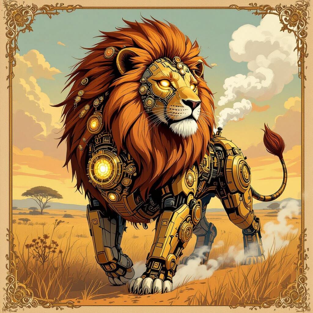 Steampunk Lion Roams Savanna in Vintage Illustration Style